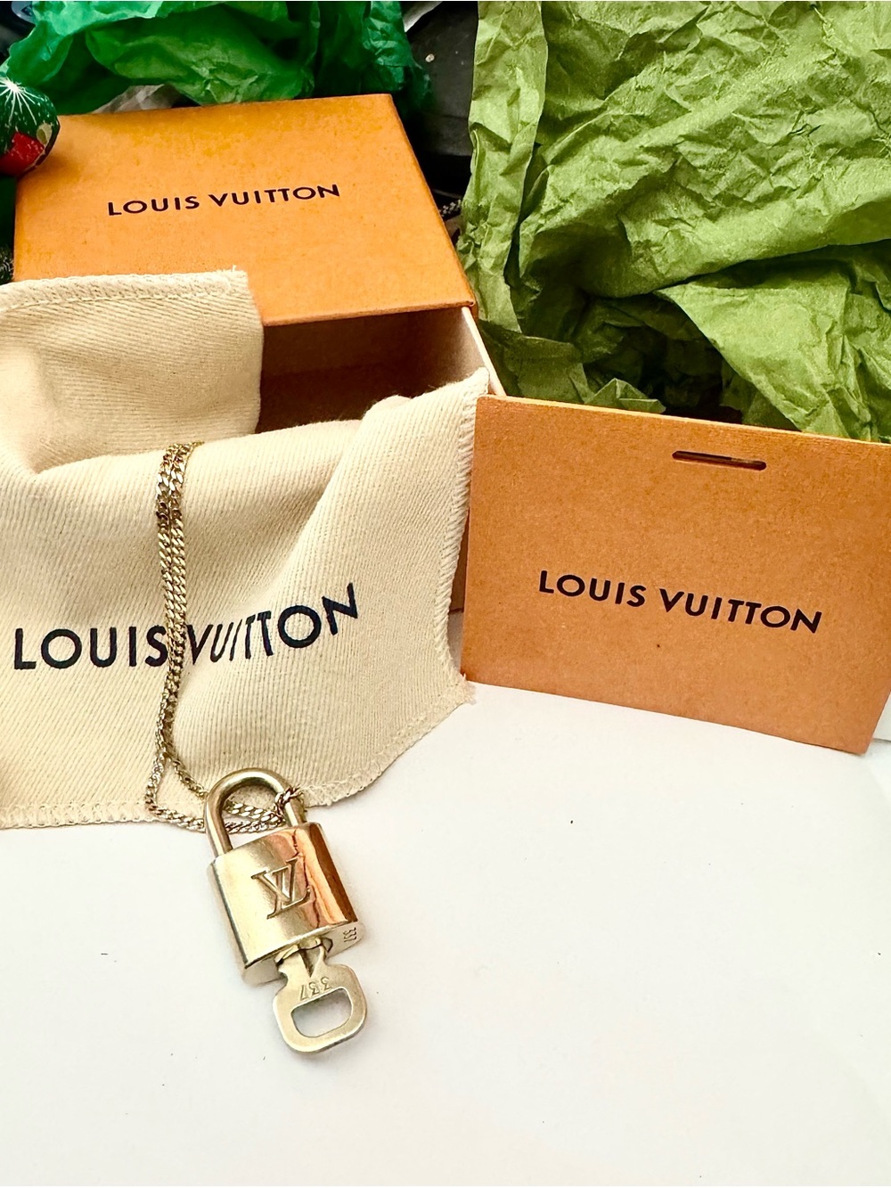 Authentic Louis Vuitton Lock 337 Key Set Box Dustbag Card 14k Gold .925 Chain